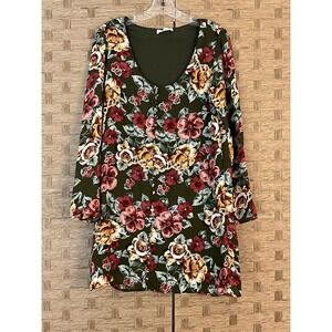 Honey Belle Dress Tunic Dark Green Floral Long Sleeve Scoop Neck Womens Small